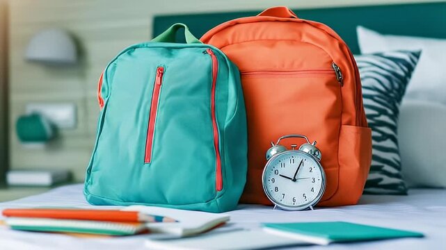 Two colorful school backpacks and an alarm clock on a bed with notebooks, ready for a new academic year.