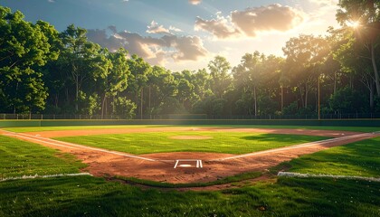 Obraz premium Baseball field under bright, sunlit sky, surrounded by dense green trees on a clear sunny day