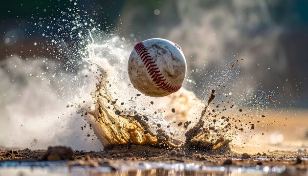 Baseball hitting ground dirt, water, and debris explode from impact point. Action shot in bright light