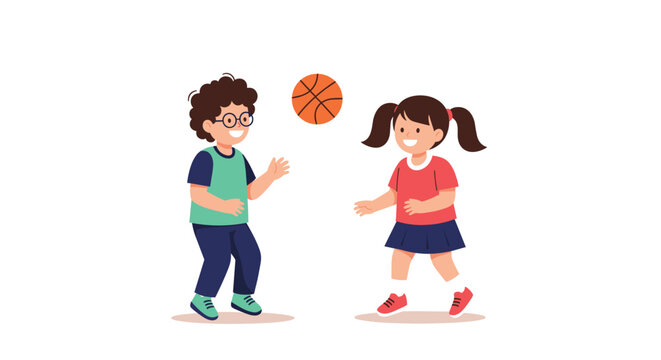 Happy young boy and girl are having fun playing with a basketball together outdoors as friends during physical education.