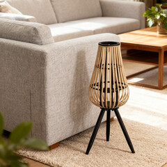 Elegant Bamboo and Black Tripod Lantern for Home Decor