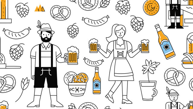 Traditional Oktoberfest seamless pattern with line art illustrations of people in lederhosen, beer mugs, pretzels, sausages, and hop vines.