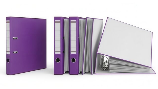 Collection of purple binders with paper isolated on white background