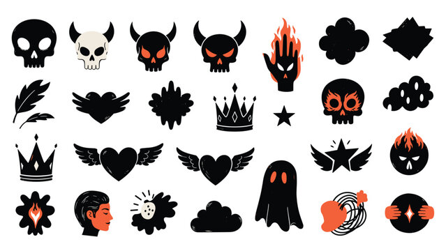 Edgy hand drawn sticker set with gothic and dark motifs including skulls, horned devils, hearts with wings, crowns, and mystical symbols.