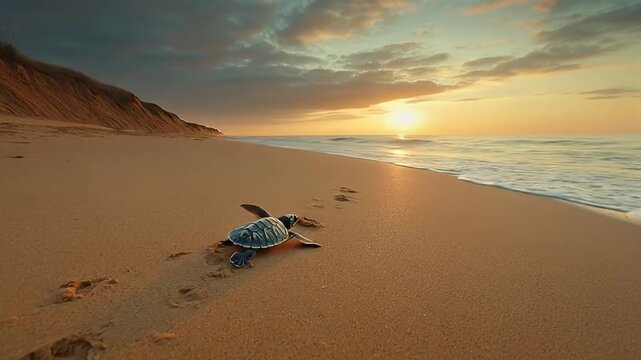 A tiny sea turtle hatchling makes its way across a vast sandy beach towards the ocean at sunset, leaving small tracks behind.