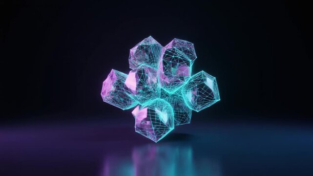 Firefly-inspired cyan and magenta wireframe crystalline cluster glowing in dark