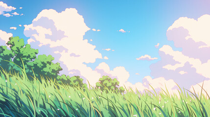 Explore a Lush Landscape of Vibrant Green Grass and Serene Clouds Under a Bright Blue Sky, Perfect for Nature Lovers Seeking Tranquility and Beauty in Outdoor Scenery.