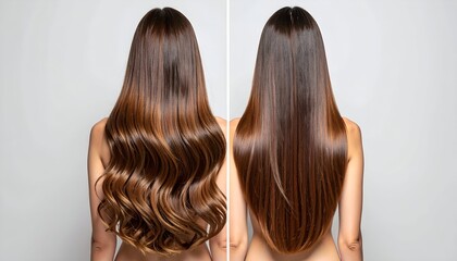 Naklejka premium Before and after of long, shiny brunette hair styled with waves on left and straight on right against gray backdrop