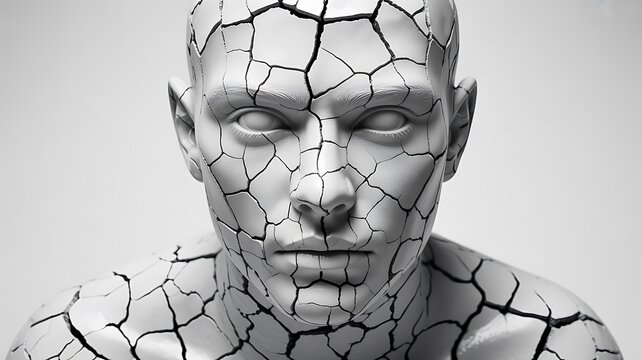 Cracked human face sculpture, male head with fractured surface texture, monochrome portrait
