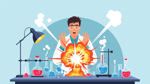 Shocked scientist with wide eyes and raised hands reacts to a massive orange and yellow explosion in his chemical laboratory.