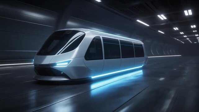 Firefly sleek hyperloop pod glides through neon-lit tunnel with cool blue accents