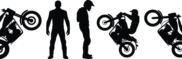 Motorcycle rider stunt silhouette vector illustration biker wheelie extreme sport motorbike action racing black white collection design set bundle © Mst