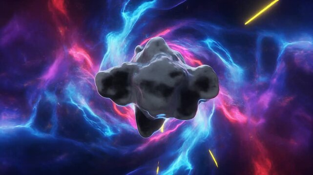 Firefly-like central amorphous form wrestles with a glowing cosmic swirl and radiant streaks