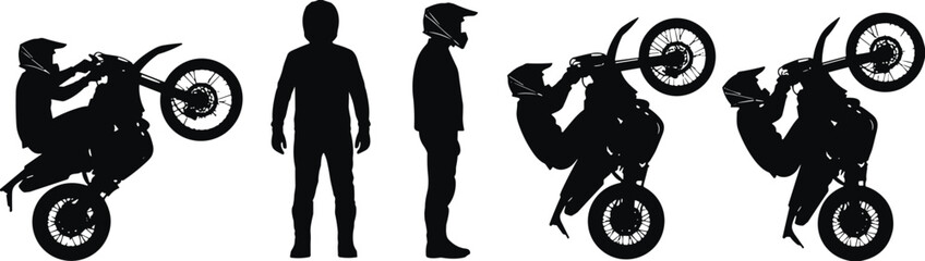 Motorcycle stunt rider silhouettes vector illustration biker wheelie extreme sport motorbike action racing black white collection design bundle set © Mst