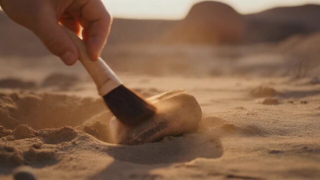 Hand brushing ochre dust from a weathered ancient surface in a desert landscape