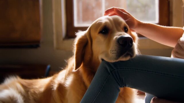 Golden retriever resting head on lap while gentle hand pets its head indoors