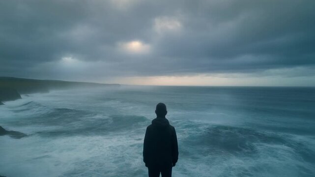Lone figure standing on rugged coastal cliff, gazing over stormy sea