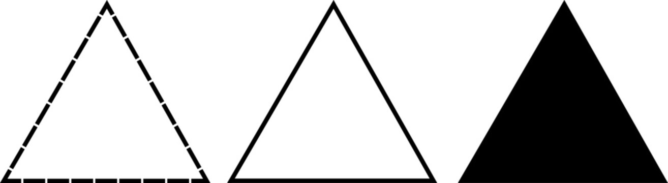 Minimalist isosceles triangle shape variations in black and white. Symmetrical geometric icons with dashed, outline, and solid styles for education, math, UI design, and modern graphics.