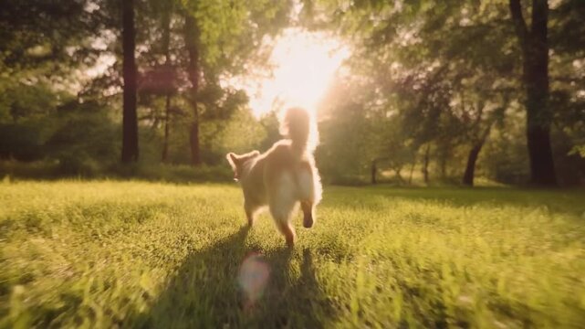 Medium-sized happy dog bounding along sun-dappled path with its back to the viewer
