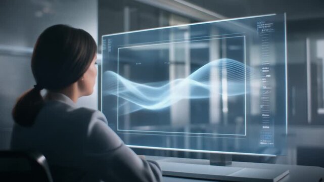 Figure seated in a modern office, seen from behind, contemplating through a glass partition in a sleek workspace