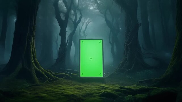 Forest scene with luminous green screen door in misty twilight heavily mossy trunked trees