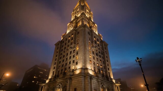 Majestic historic skyscraper rises over night city streets with warm limestone fa?ade