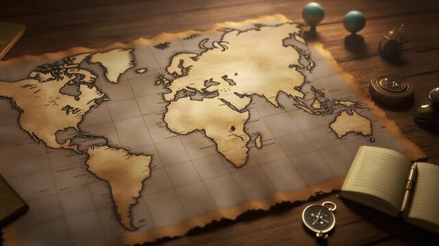 Firefly world map spread on wooden desk with rustic scroll and compass
