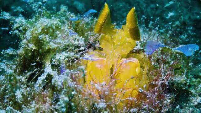 Vibrant golden mantis shrimp with large watchful eyes in reef, macro and wide shot of rare yellow crustacean guarding its territory