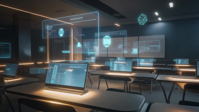 Serene modern classroom illuminated by ambient blue holographic displays and glowing workstations