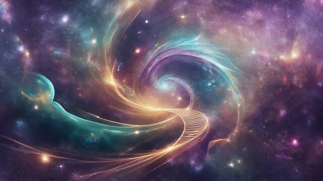 Firefly-inspired luminous pathway winds through a boundless cosmos with iridescent hues