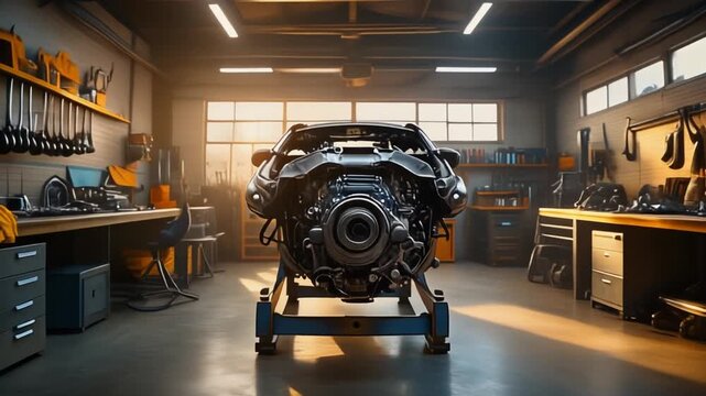 Automotive repair bay with a car chassis on a rolling stand bathed in warm natural light