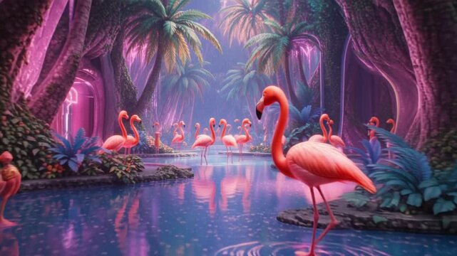 Flamingo House Party Pink Neon Jungle Music Dance Fun 3D Render Animation Tropical Summer Bird Animal Character