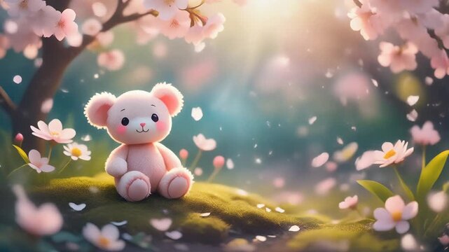 Soft pastel garden scene featuring a plush teddy bear under blooming cherry blossoms
