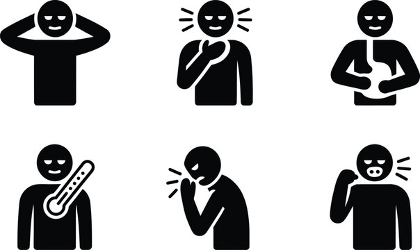 Collection of sickness and flu symptoms icons, representing common ailments and discomforts.