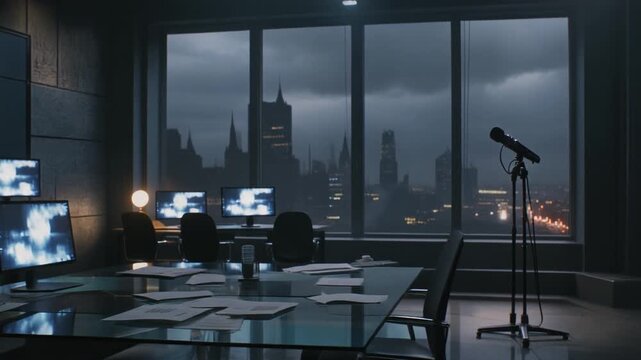 Dimly lit newsroom with multiple monitors and a telescope by the window overlooking a city skyline