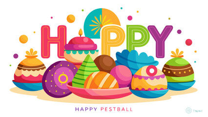 Celebratory easter greetings with colorful eggs and pastries Vector © Rana Islam