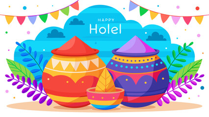 Celebratory holi festival scene with colorful pots and decorations Vector