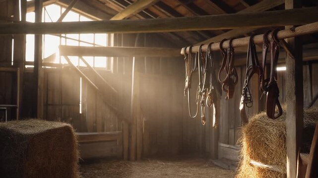 Weathered barn interior with sunlit dust and hanging bridles around hay bales