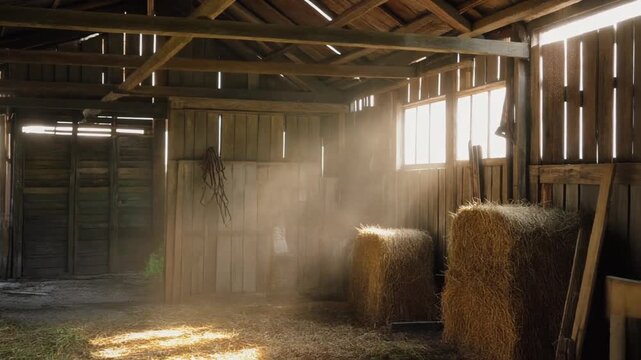 Weathered barn interior bathed in soft golden afternoon light filtering through rustic wooden slats