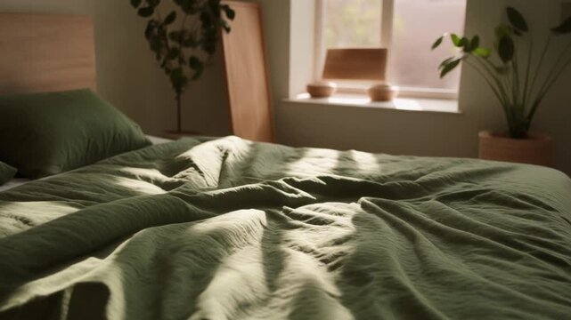 Lush green bedspread draped over inviting bed in sunlit bedroom with plants