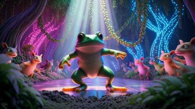 Groovy Frog Dance Neon Jungle Party Music Fun Cool 3D Render Animation Amphibian Character Design Funny