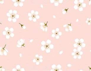 A seamless pattern of white cherry blossoms on a soft pink background