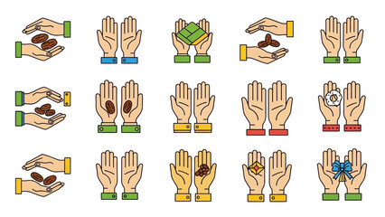 Various hands holding different objects symbolizing donation, charity, and gifting concepts, presented in an icon set