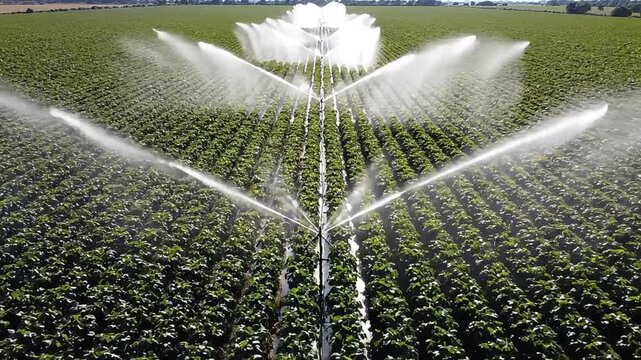 Aerial view of irrigation system watering crops in a vast agricultural field.
