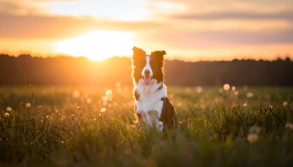 Border Collie sitting in a field of grass bathed in golden sunlight, sun low on the horizon creating a warm glow