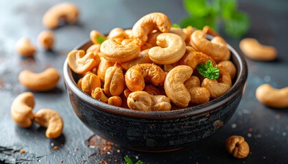 Bowl filled with roasted cashews and garnish, set on a textured dark surface with a shallow depth of field