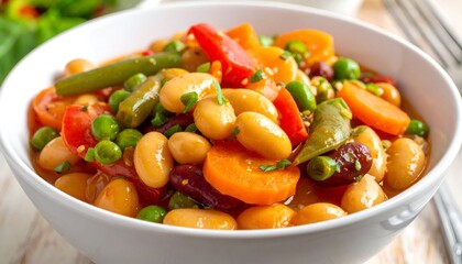 Bowl filled with a mix of cooked beans, carrots, peas, peppers, and green beans, a colorful vegetable dish