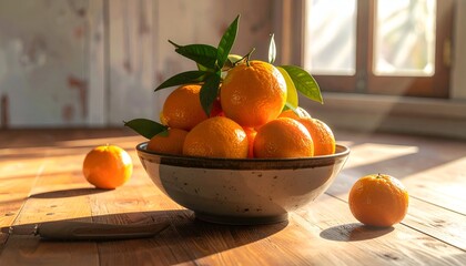 Bowl of bright oranges with green leaves on a wood table, sunlight streaming in from a window