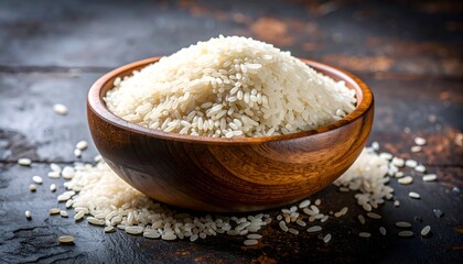 Bowl of white rice overflowing onto a dark, textured surface; warm light emphasizing the grain texture