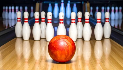 Bowling ball poised on wooden lane, pins arranged in background, ready for the next strike